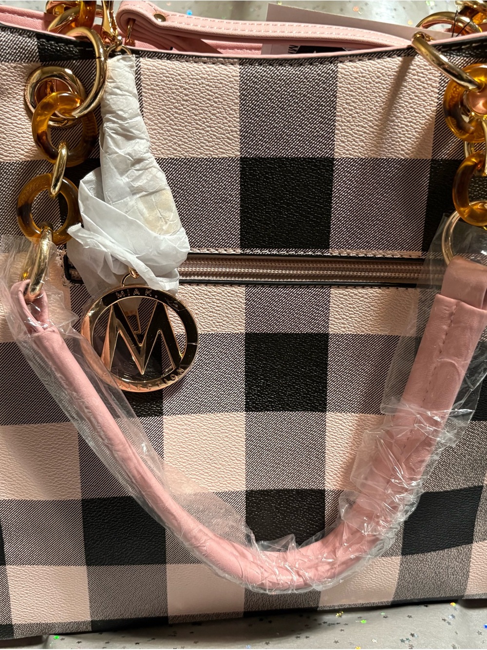 MKF by Mia K. 2pc Collection -Pink & Gray Plaid Tote and wallet - Picture 4 of 4